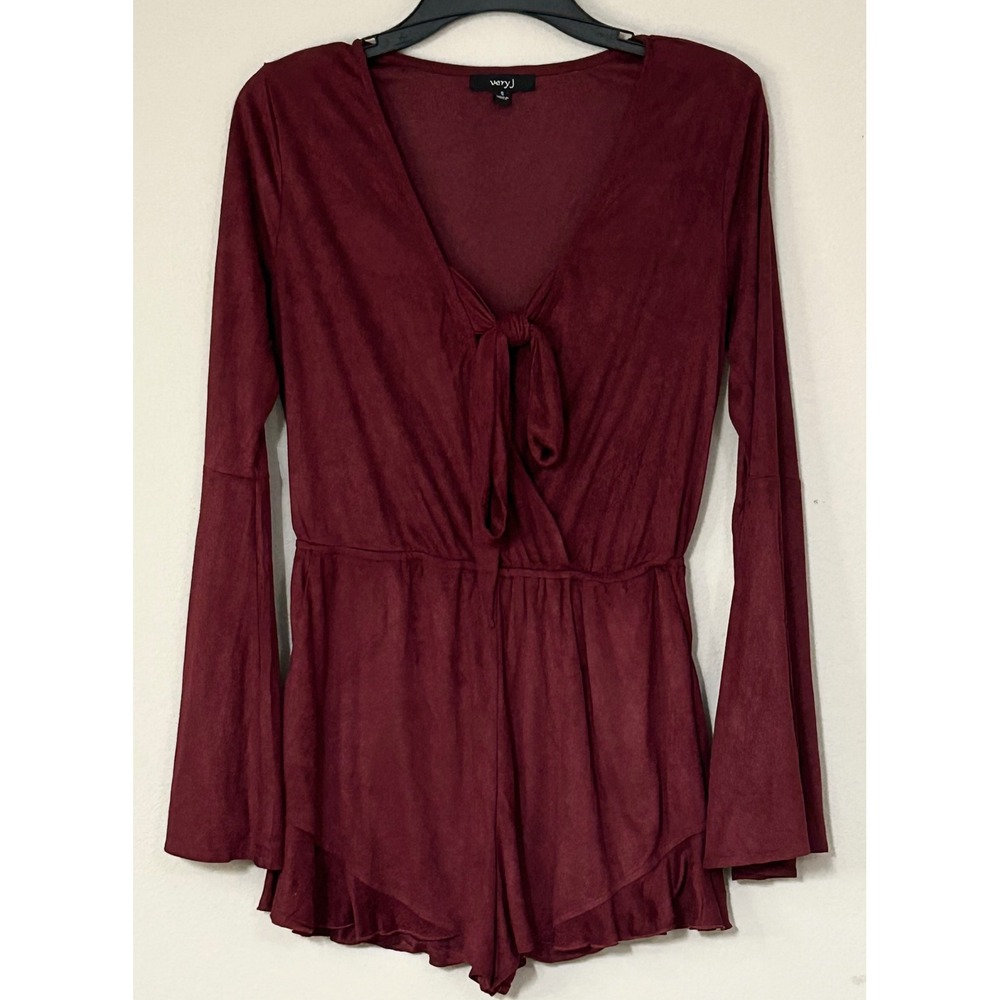 Very J Burgundy Faux Suede Bell Sleeve Tie Front Ruffle Hem Romper VP70952 S